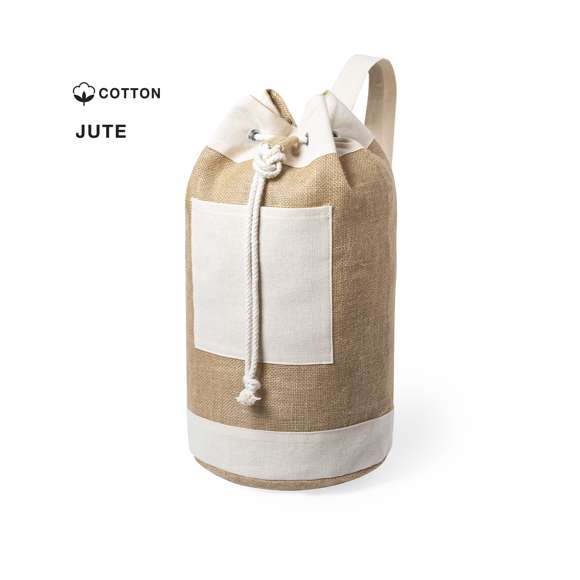 Petate multiusos de línea nature y diseño bicolor. Fabricado en yute, con detalles en algodón. Con cinta ajustable y bolsillo interior. Compartimento principal con argollas metálicas reforzadas y bolsillo frontal para fácil marcaje.
