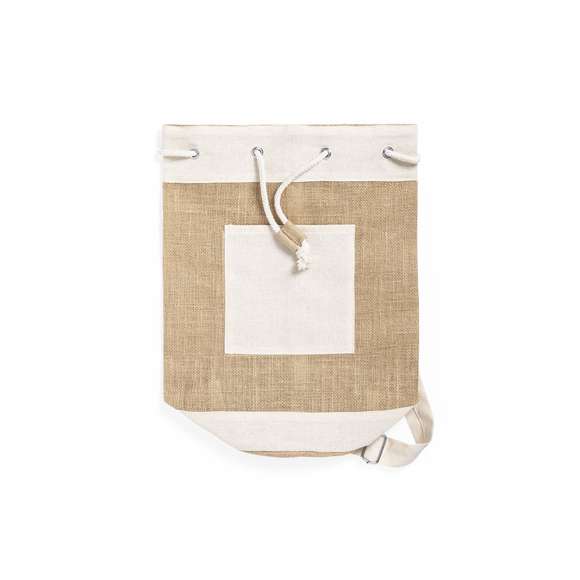 Petate multiusos de línea nature y diseño bicolor. Fabricado en yute, con detalles en algodón. Con cinta ajustable y bolsillo interior. Compartimento principal con argollas metálicas reforzadas y bolsillo frontal para fácil marcaje.