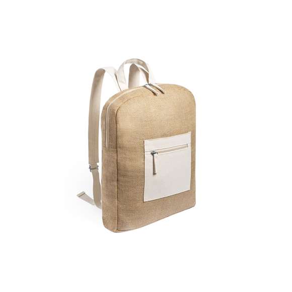 Mochila multiusos de línea nature y diseño bicolor. Fabricada en yute, con detalles en algodón. Compartimento principal con cierre de cremallera y doble tirador, con bolsillo frontal de cierre de cremallera para fácil marcaje y cintas ajustables a juego.