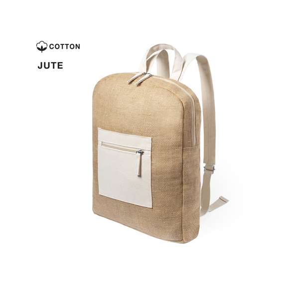 Mochila multiusos de línea nature y diseño bicolor. Fabricada en yute, con detalles en algodón. Compartimento principal con cierre de cremallera y doble tirador, con bolsillo frontal de cierre de cremallera para fácil marcaje y cintas ajustables a juego.