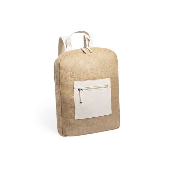 Mochila multiusos de línea nature y diseño bicolor. Fabricada en yute, con detalles en algodón. Compartimento principal con cierre de cremallera y doble tirador, con bolsillo frontal de cierre de cremallera para fácil marcaje y cintas ajustables a juego.
