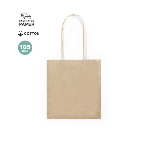 Bolsa de línea nature en resistente papel laminado de 105g/m2, altamente resistente. Asas de algodón largas en color natural. De acabado cosido y resistencia hasta 8kg de peso.