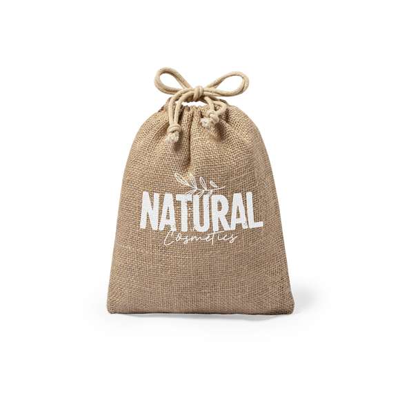 Bolsa de línea nature en resistente yute de 260gsm, con elegante cierre de cordón y acabado cosido.