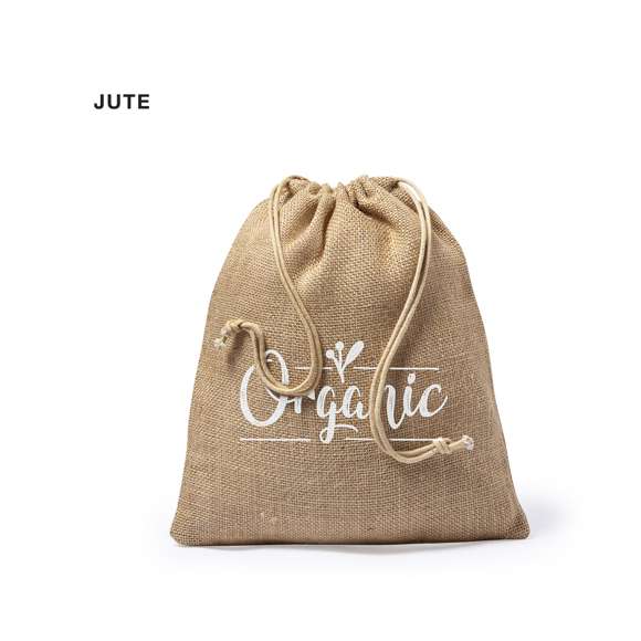 Bolsa de línea nature en resistente yute de 260gsm, con elegante cierre de cordón y acabado cosido.