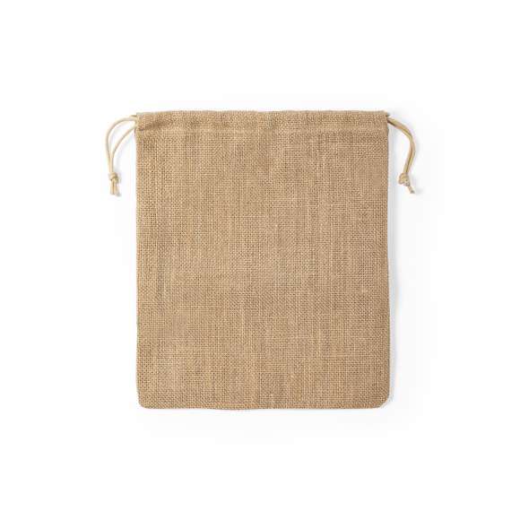 Bolsa de línea nature en resistente yute de 260gsm, con elegante cierre de cordón y acabado cosido.