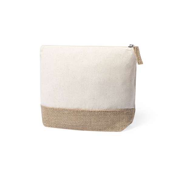 Neceser de línea nature en combinación de yute laminado y algodón natural. Con cierre de cremallera y tirador en yute a juego.