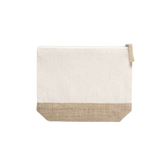 Neceser de línea nature en combinación de yute laminado y algodón natural. Con cierre de cremallera y tirador en yute a juego.