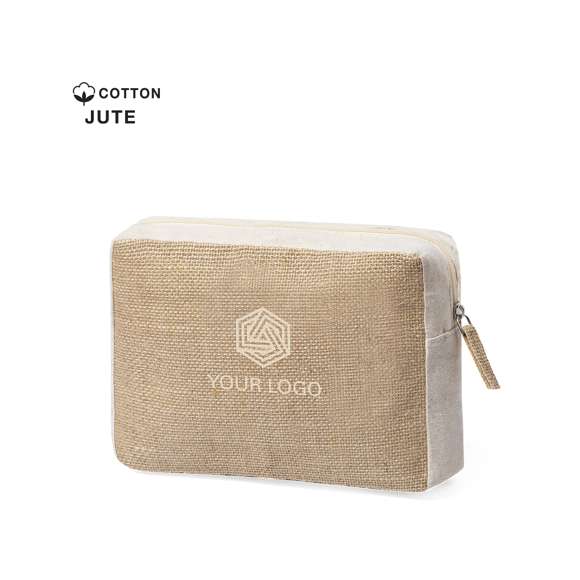 Neceser de línea nature en combinación de yute laminado y algodón natural. Con cierre de cremallera y tirador en yute a juego.