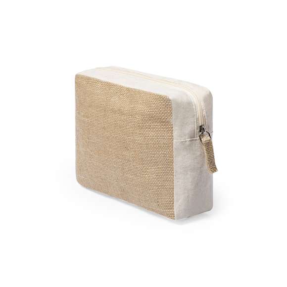 Neceser de línea nature en combinación de yute laminado y algodón natural. Con cierre de cremallera y tirador en yute a juego.