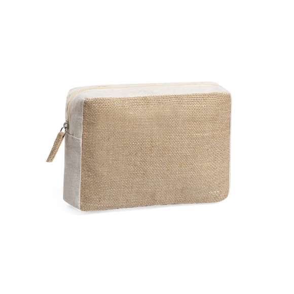 Neceser de línea nature en combinación de yute laminado y algodón natural. Con cierre de cremallera y tirador en yute a juego.