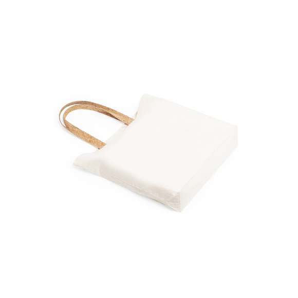 Bolsa de línea nature en resistente algodón de 180g/m2 y originales asas en corcho natural de 53cm reforzadas. Acabado cosido y resistencia hasta 8kg de peso.