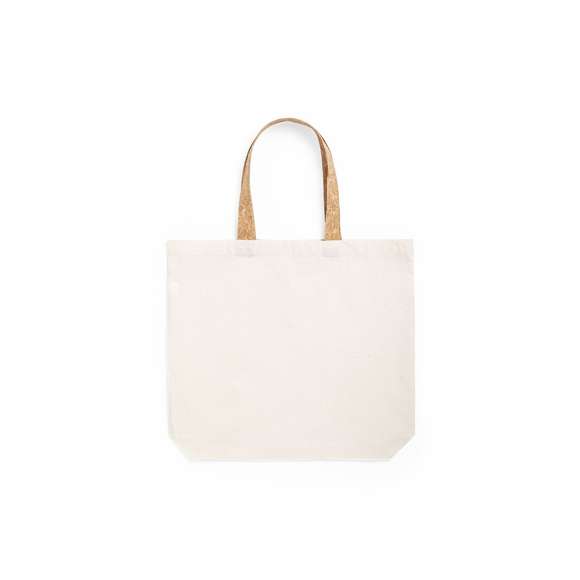 Bolsa de línea nature en resistente algodón de 180g/m2 y originales asas en corcho natural de 53cm reforzadas. Acabado cosido y resistencia hasta 8kg de peso.