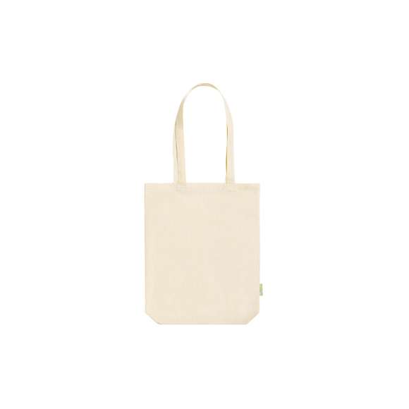 Bolsa de línea nature en algodón orgánico de 140g/m2. Asas largas en algodón orgánico, de 70 cm y reforzadas. Acabado cosido y resistencia de hasta 8kg de peso, con distintivo algodón orgánico en la etiqueta.