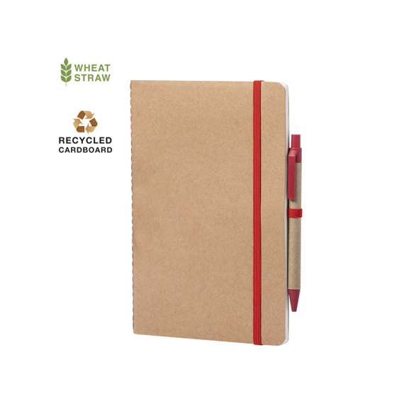 Set de libreta y bolígrafo de línea nature. Incluye libreta en cartón reciclado, con soporte para bolígrafo y cinta de cierre a juego, de 60 hojas lisas. Bolígrafo de mecanismo pulsador, con cuerpo en cartón reciclado y accesorios en caña de trigo -tinta azul-. Distintivo Wheat Straw en la parte superior del bolígrafo.