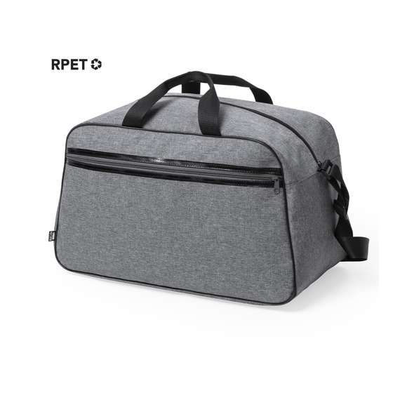 Bolso multiusos de línea nature en resistente 600D RPET efecto melange. Elaborado a partir de plástico reciclado para así fomentar la reutilización de residuos plásticos y contribuir a la sostenibilidad del planeta. De diseño urbano y con detalles en color negro, incluye 2 bolsillos de cremallera con tiradores metálicos e interiores forrados, reforzados en PVC. Asas de transporte reforzadas y cinta bandolera ajustable, con distintivo RPET en etiqueta exterior.