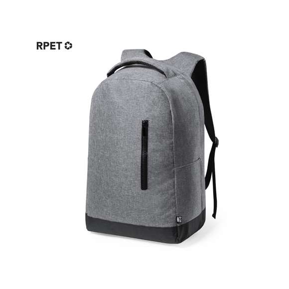 Mochila de negocios antirrobo de línea nature y en resistente 600D RPET efecto melange, elaborado a partir de plástico reciclado para así fomentar la reutilización de residuos plásticos y contribuir a la sostenibilidad del planeta.Detalles en negro y base reforzada. Incluye bolsillo antirrobo para guardar objetos de valor. Bolsillo exterior de cremallera, con dos compartimentos interiores acolchados para ordenador portátil de hasta 15 pulgadas y tablet de hasta 12 pulgadas. Cintas de hombros y espalda con acolchado ergonómico y distintivo RPET en etiqueta exterior.
