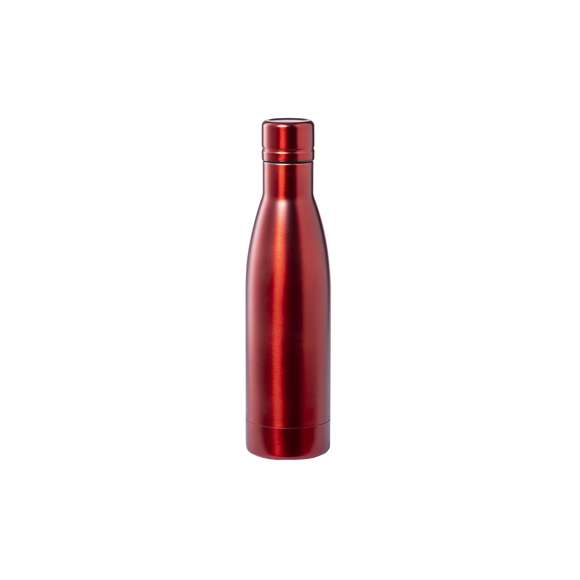 Bidón térmico de acero inox con doble capa de 500ml. Fabricado con doble capa y aislamiento de cobre al vacío, permitiendo mantener el calor y el frío durante un tiempo prolongado, llegando a las 12 y 48 horas respectivamente. Con tapón a rosca para un sellado perfecto. En acabado metalizado y disponible en amplia gama de colores. Presentado en atractiva caja de diseño.