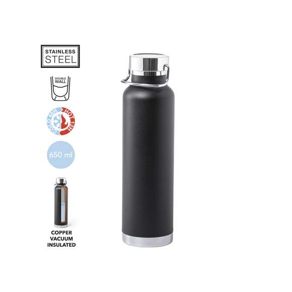 Bidón térmico de acero inox, con doble capa y aislamiento de cobre al vacío. El mismo le permite mantener el calor y el frio durante un tiempo más prolongado, llegando a las 12 y 48 horas respectivamente. De 650ml de capacidad, y disponible en variada gama de colores metalizados. Presentado en atractiva caja de diseño.