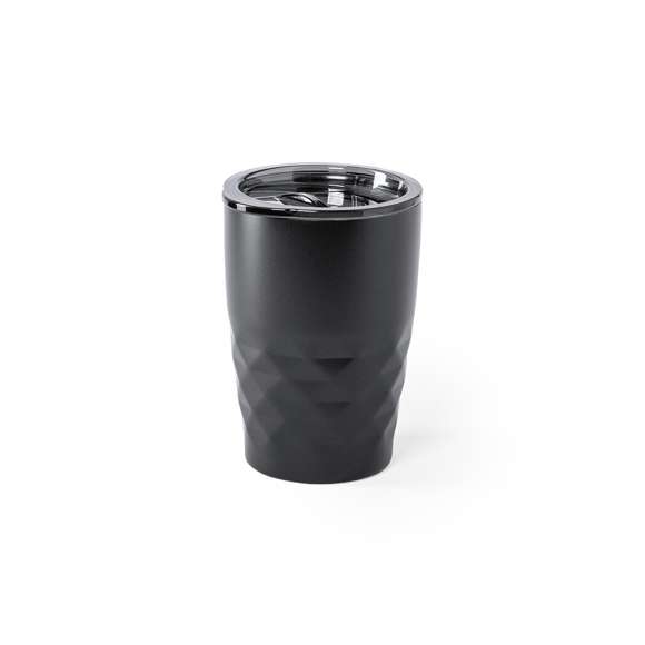 Vaso térmico de sobremesa fabricado en acero inoxidable, con doble capa y aislamiento de cobre al vacío, de 350ml de capacidad. El mismo le permite mantener el calor y el frio durante un tiempo más prolongado, llegando a las 8 y 24 horas respectivamente. Incluye tapa con dosificador y abrefácil. Disponible en variada gama de colores metalizados. Presentado en atractiva caja de diseño.