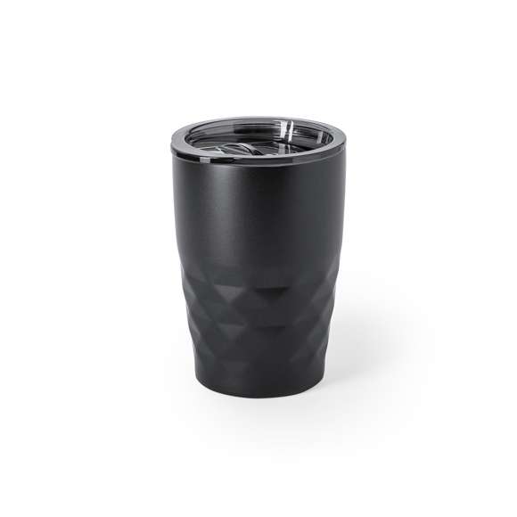 Vaso térmico de sobremesa fabricado en acero inoxidable, con doble capa y aislamiento de cobre al vacío, de 350ml de capacidad. El mismo le permite mantener el calor y el frio durante un tiempo más prolongado, llegando a las 8 y 24 horas respectivamente. Incluye tapa con dosificador y abrefácil. Disponible en variada gama de colores metalizados. Presentado en atractiva caja de diseño.