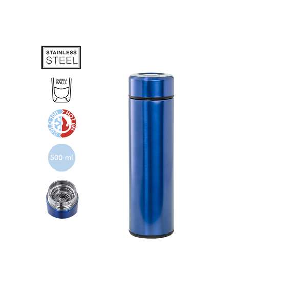 Termo en acero inox de 500ml de capacidad. Con doble pared para mejor y más duradera conservación de la temperatura. Infusor incluido y sistema de apertura fácil a rosca. Disponible en variada gama de colores y presentado en atractiva caja de diseño.