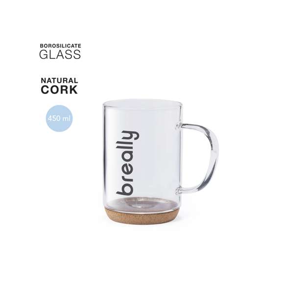 Taza de línea nature de 450 ml de capacidad y base en corcho natural. Fabricada en cristal de borosilicato, que ofrece una resistencia y durabilidad excepcionales, alargando su vida útil y pudiendo ser reutilizado infinidad de veces. Presentada en atractiva caja de diseño eco.