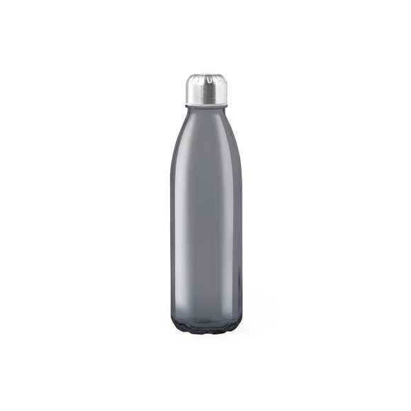 Bidón de 650ml de capacidad. Fabricado con cuerpo de cristal, disponible en variada gama de colores, y tapón a rosca de acero inox y acabado cromado. Presentado en caja individual de atractivo diseño.