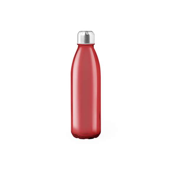 Bidón de 650ml de capacidad. Fabricado con cuerpo de cristal, disponible en variada gama de colores, y tapón a rosca de acero inox y acabado cromado. Presentado en caja individual de atractivo diseño.