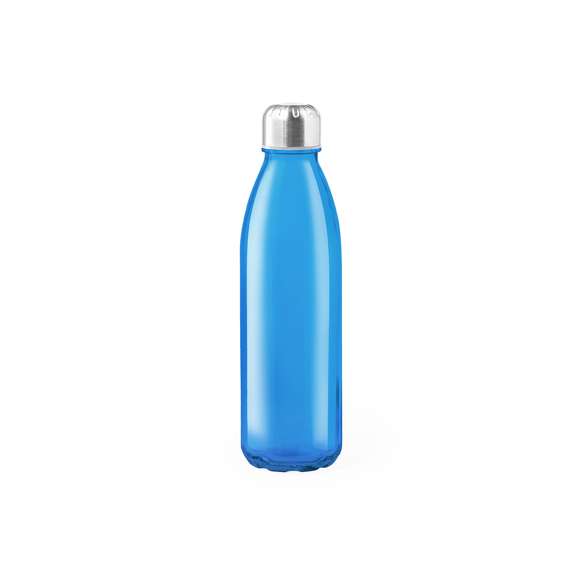Bidón de 650ml de capacidad. Fabricado con cuerpo de cristal, disponible en variada gama de colores, y tapón a rosca de acero inox y acabado cromado. Presentado en caja individual de atractivo diseño.