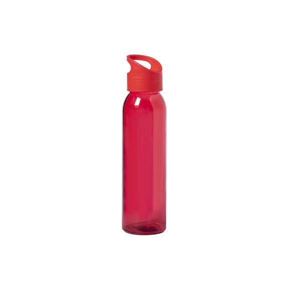 Bidón de 470ml de capacidad. Fabricado con cuerpo de cristal y disponible en variada gama de colores. Tapón a rosca en PP, libre de BPA, a juego. Presentado en caja individual de atractivo diseño.