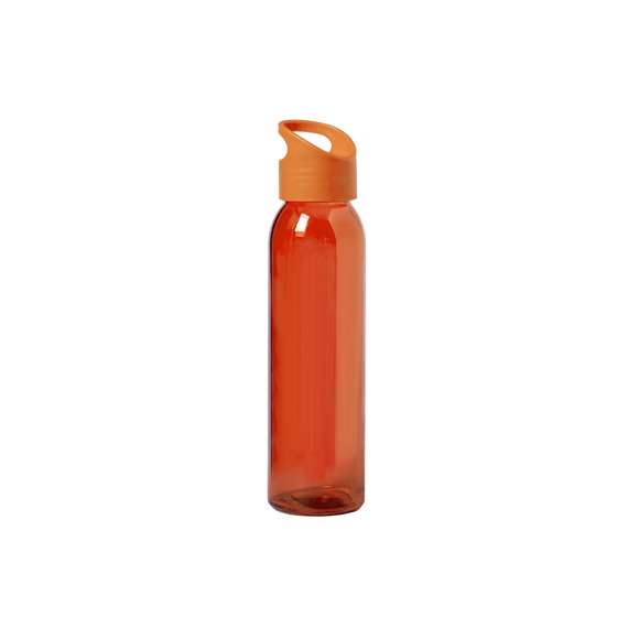 Bidón de 470ml de capacidad. Fabricado con cuerpo de cristal y disponible en variada gama de colores. Tapón a rosca en PP, libre de BPA, a juego. Presentado en caja individual de atractivo diseño.
