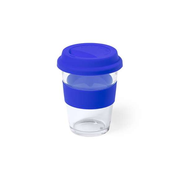 Vaso de cristal y 350ml de capacidad. Con tira antiquemaduras y tapa de silicona a juego en variada gama de colores. Presentado en caja individual de atractivo diseño.