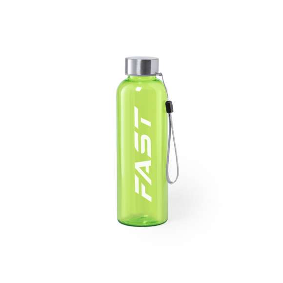 Bidón fabricado en RPET de 600ml de capacidad, libre de BPA. Tapón a rosca en acero inox, con cordón de transporte. Disponible en variada gama de colores.Elaborado a partir de plástico reciclado, para así fomentar la reutilización de residuos plásticos y ayudar a la sostenibilidad del planeta.