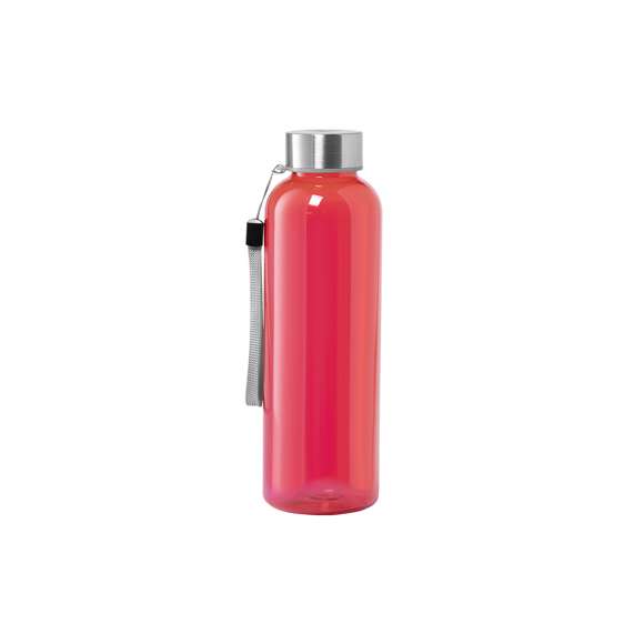 Bidón fabricado en RPET de 600ml de capacidad, libre de BPA. Tapón a rosca en acero inox, con cordón de transporte. Disponible en variada gama de colores.Elaborado a partir de plástico reciclado, para así fomentar la reutilización de residuos plásticos y ayudar a la sostenibilidad del planeta.