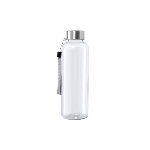 Bidón fabricado en RPET de 600ml de capacidad, libre de BPA. Tapón a rosca en acero inox, con cordón de transporte. Disponible en variada gama de colores.Elaborado a partir de plástico reciclado, para así fomentar la reutilización de residuos plásticos y ayudar a la sostenibilidad del planeta.