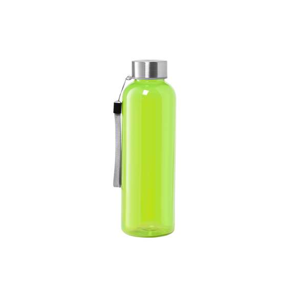 Bidón fabricado en RPET de 600ml de capacidad, libre de BPA. Tapón a rosca en acero inox, con cordón de transporte. Disponible en variada gama de colores.Elaborado a partir de plástico reciclado, para así fomentar la reutilización de residuos plásticos y ayudar a la sostenibilidad del planeta.