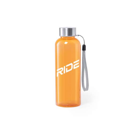 Bidón de 500ml de capacidad. Libre de BPA, con cuerpo fabricado en tritán transparente y de alta resistencia al calor. Tapón a rosca en acero inox, con cordón de transporte. Disponible en variada gama de colores.