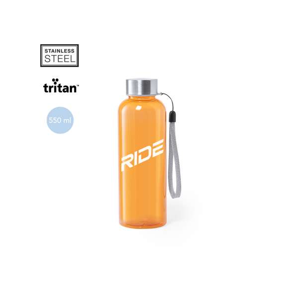 Bidón de 500ml de capacidad. Libre de BPA, con cuerpo fabricado en tritán transparente y de alta resistencia al calor. Tapón a rosca en acero inox, con cordón de transporte. Disponible en variada gama de colores.