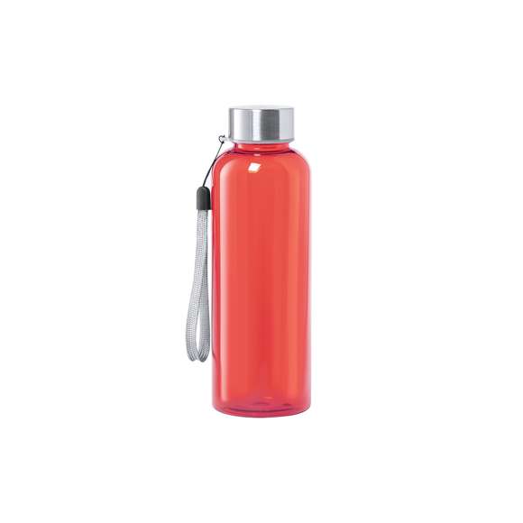 Bidón de 500ml de capacidad. Libre de BPA, con cuerpo fabricado en tritán transparente y de alta resistencia al calor. Tapón a rosca en acero inox, con cordón de transporte. Disponible en variada gama de colores.