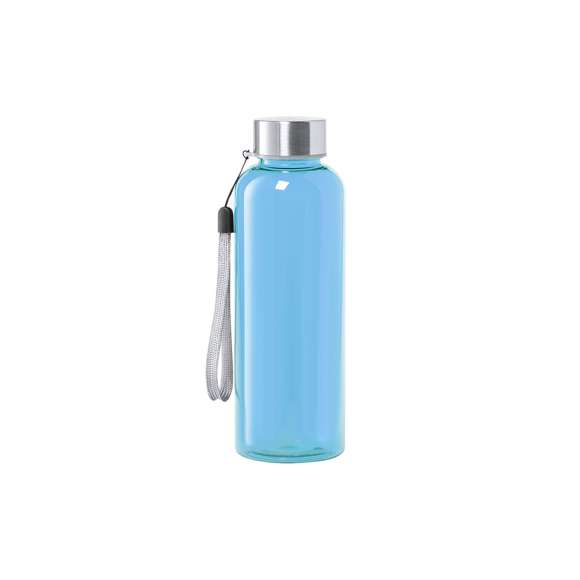 Bidón de 500ml de capacidad. Libre de BPA, con cuerpo fabricado en tritán transparente y de alta resistencia al calor. Tapón a rosca en acero inox, con cordón de transporte. Disponible en variada gama de colores.