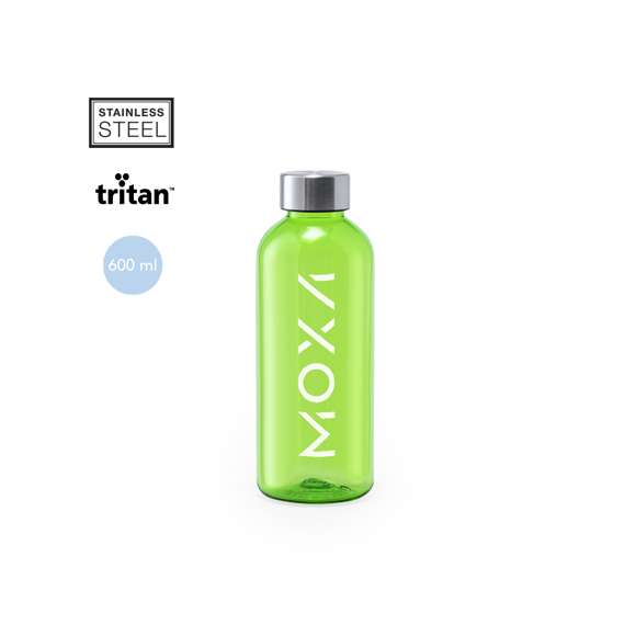Bidón de 600ml de capacidad. Libre de BPA, con cuerpo fabricado en tritán transparente y de alta resistencia al calor. Tapón a rosca en acero inox. Disponible en variada gama de colores.