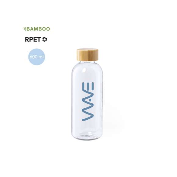 Bidón de línea nature y 600ml de capacidad. Libre de BPA, con cuerpo en RPET, elaborado a partir de plástico reciclado para así fomentar la reutilización de residuos plásticos y contribuir a la sostenibilidad del planeta. Con tapón a rosca en bambú.
