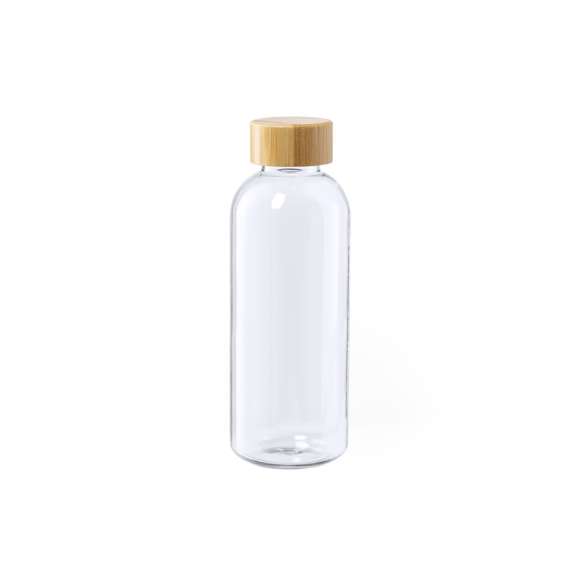 Bidón de línea nature y 600ml de capacidad. Libre de BPA, con cuerpo en RPET, elaborado a partir de plástico reciclado para así fomentar la reutilización de residuos plásticos y contribuir a la sostenibilidad del planeta. Con tapón a rosca en bambú.