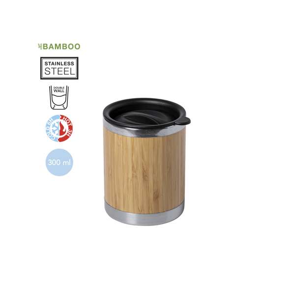 Vaso con 300ml de capacidad. Cuerpo en combinación bambú y acero inox de doble pared para mejor y más duradera conservación de la temperatura. Con original tapón dosificador de fácil apertura en negro. Es ideal para tener en tu escritorio, mesa o en cualquier superficie donde disfrutar tranquilamente de tu bebida favorita.