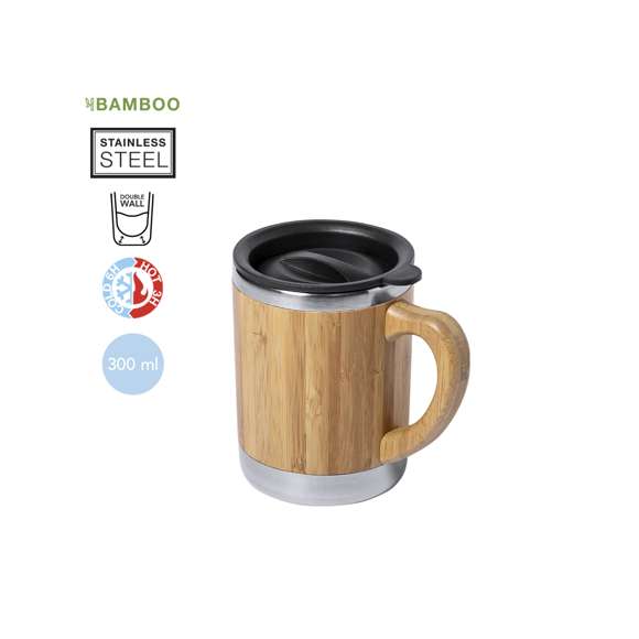 Taza de línea nature y 300ml de capacidad. Cuerpo en combinación bambú y acero inox de doble pared para mejor y más duradera conservación de la temperatura. Con original tapón dosificador. Es ideal para tener en tu escritorio, mesa o en cualquier superficie donde disfrutar tranquilamente de tu bebida favorita.