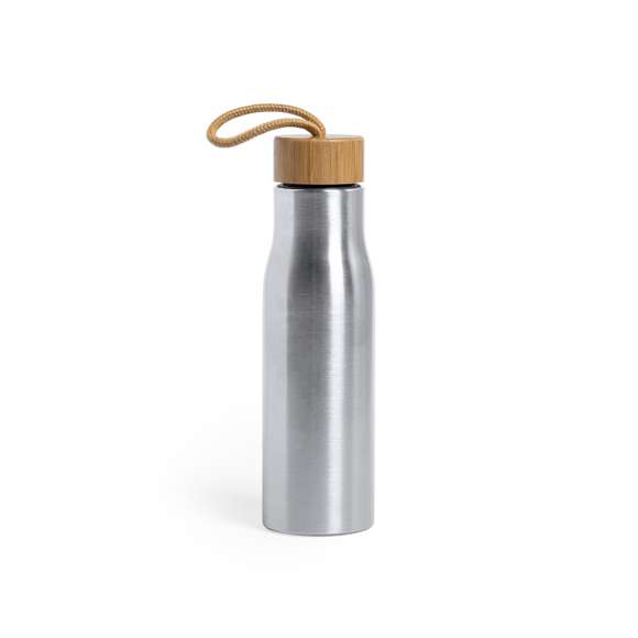 Bidón de línea nature y 600ml de capacidad. Cuerpo fabricado en acero inox y tapón en bambú con cinta de transporte. Libre de BPA y presentado en atractiva caja de diseño eco.