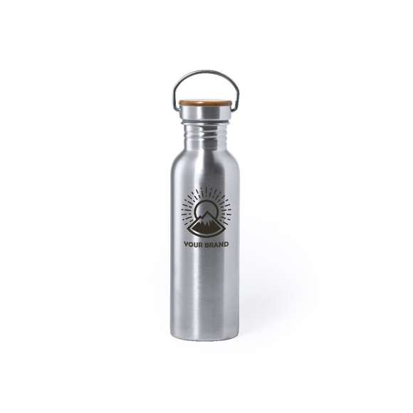 Bidón de línea nature y 800ml de capacidad. Cuerpo fabricado en acero inox y tapón en bambú con original asa metálica de transporte. Presentado en atractiva caja de diseño eco.
