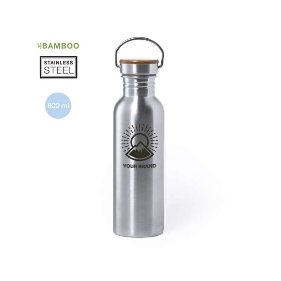 Bidón de línea nature y 800ml de capacidad. Cuerpo fabricado en acero inox y tapón en bambú con original asa metálica de transporte. Presentado en atractiva caja de diseño eco.