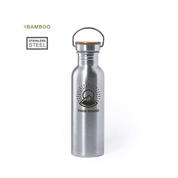 Bidón de línea nature y 800ml de capacidad. Cuerpo fabricado en acero inox y tapón en bambú con original asa metálica de transporte. Presentado en atractiva caja de diseño eco.