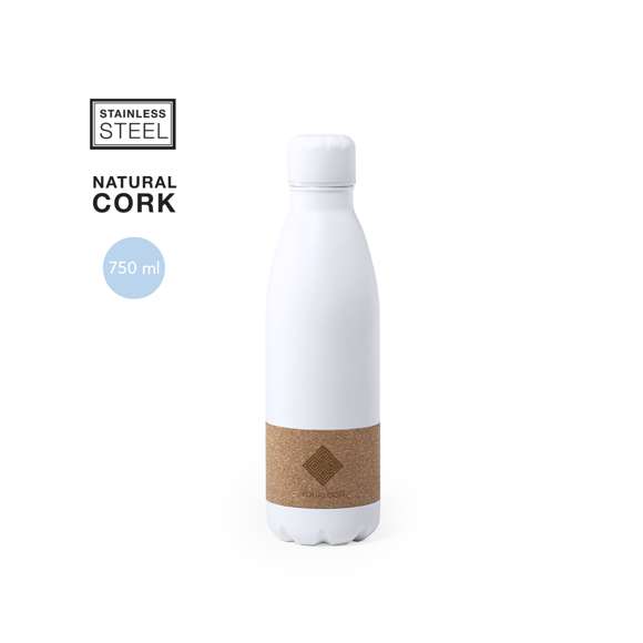 Bidón de línea nature y 750ml de capacidad. Cuerpo en acero inox de color blanco mate, con franja central en corcho natural. Tapón de seguridad de rosca a juego y presentado en atractiva caja de diseño eco.
